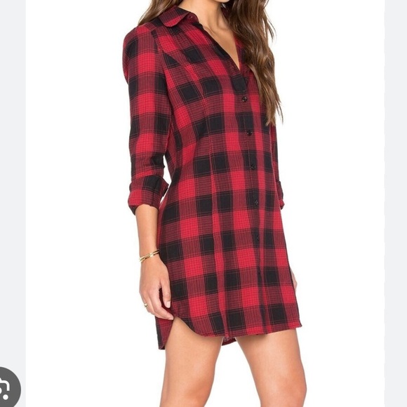 Bobi Red Plaid Puff Sleeve Mini Shirt Dress - Picture 1 of 8